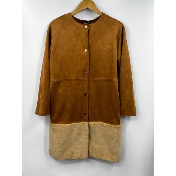 Zara Coat Womens Cognac Suede Oversized with Faux Fur‎ Trim Size Small - Picture 1 of 6